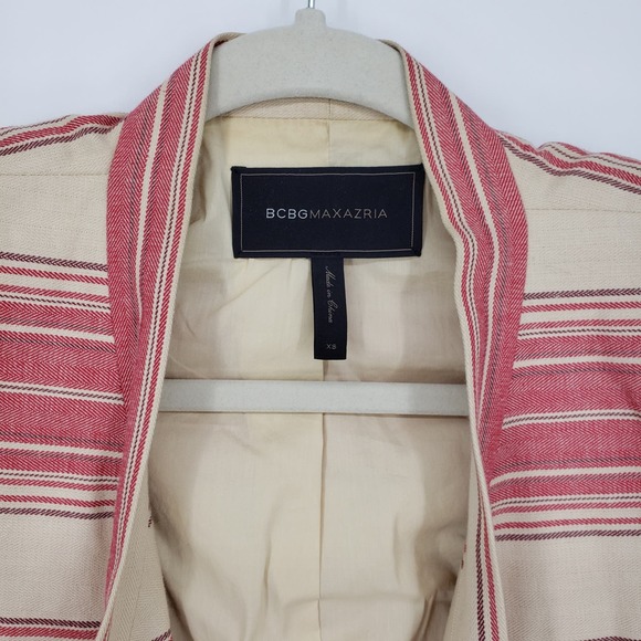 BCBGMaxazria Striped Abbey Blazer XS Asymmetrical Open Front 100% Cotton Tan Red - Picture 8 of 11